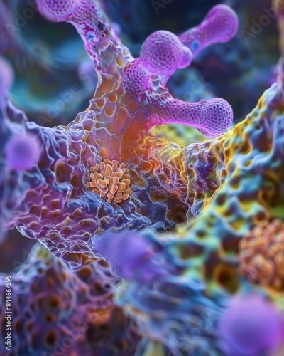 Highly detailed microscopic view of liver tissue showing cellular structures