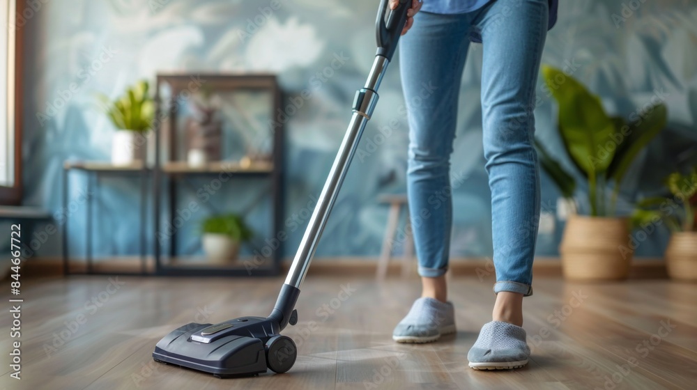 Fototapeta premium Side view of crop faceless housewife in casual outfit and slippers cleaning laminate floor with modern upright vacuum cleaner in minimalist light apartment