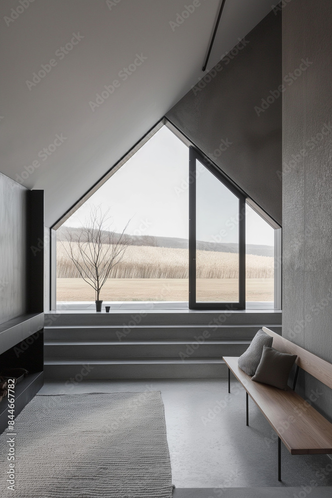 Modern minimalist scandinavian style interior of a modern small underground house with typical Hungarian lowland landscape in the background Modern minimalist scandinavian style interior of a modern small underground house with typical Hungarian lowland landscape in the background
