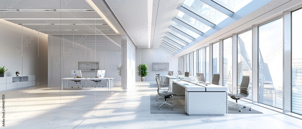 open space office layout with glass roof floods the space, ample space for movement and interaction. natural light, creating a bright and airy ambiance open space office layout with glass roof floods the space, ample space for movement and interaction. natural light, creating a bright and airy ambiance