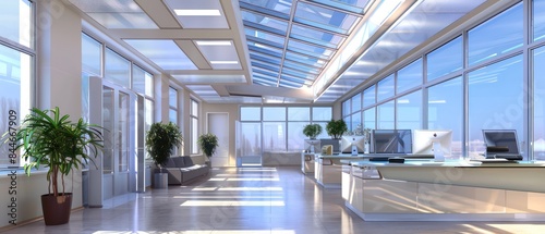 open space office layout with glass roof floods the space, ample space for movement and interaction. natural light, creating a bright and airy ambiance