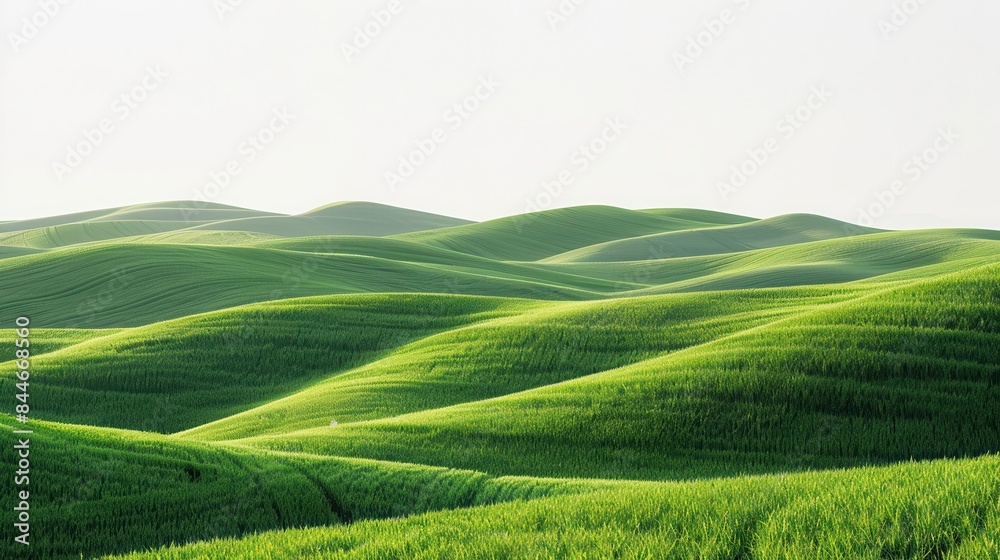 Rolling green hills with a clear horizon, creating a tranquil and expansive scene, white background with copy space