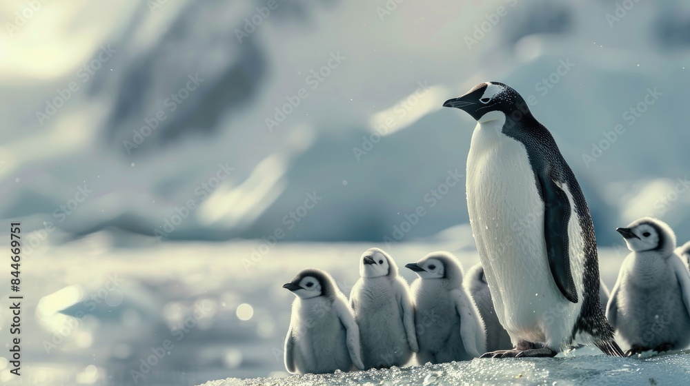 Fototapeta premium Penguins in the Arctic searching Nord for their offspring
