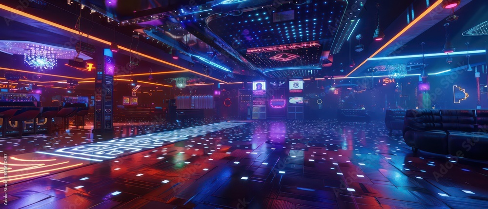 dance floor, augmented reality visuals ignite a dynamic and energetic atmosphere, blending seamlessly with neon lights and futuristic beats for an electrifying experience dance floor, augmented reality visuals ignite a dynamic and energetic atmosphere, blending seamlessly with neon lights and futuristic beats for an electrifying experience