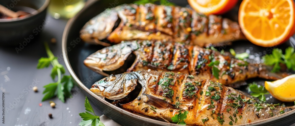 grilled fish with herb dressing and grill half cut citrus on oval plate, dark grey background grilled fish with herb dressing and grill half cut citrus on oval plate, dark grey background