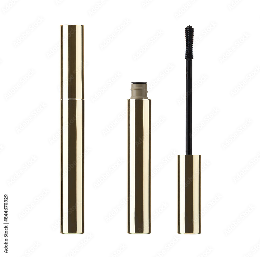 Obraz premium blank mascara brush on White Background, gold Lip Gloss, Lipstick Package Set