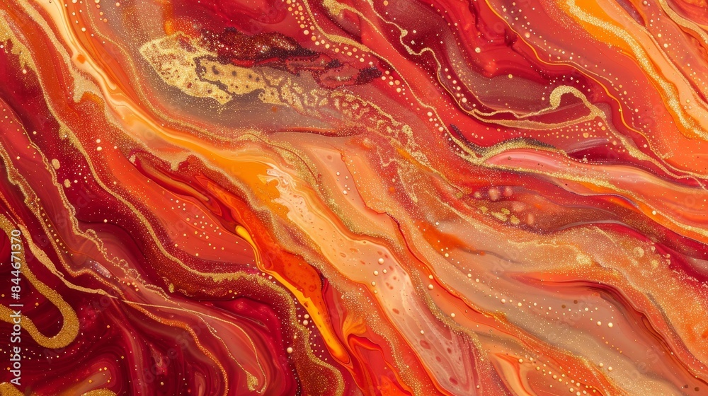 Obraz premium Luxurious abstract art featuring fluid organic shapes in red, orange, and gold with glitter accents