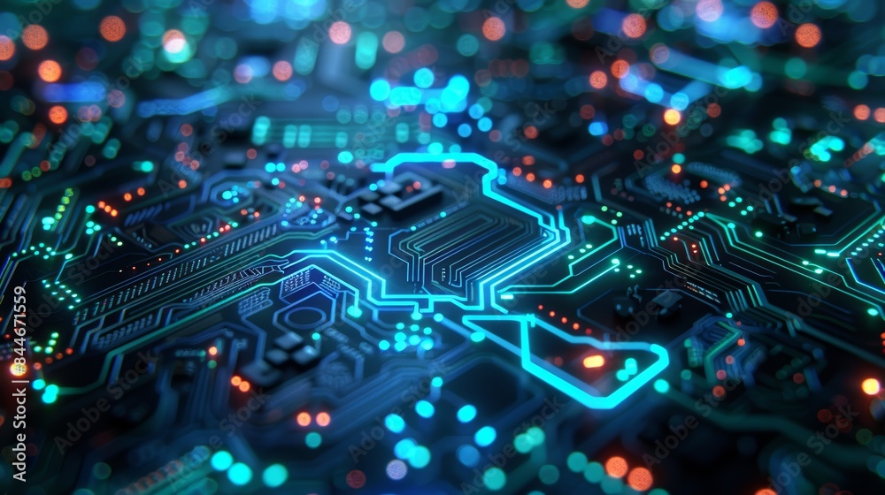 Abstract digital circuits with neon blue, silver and green lines Abstract digital circuits with neon blue, silver and green lines