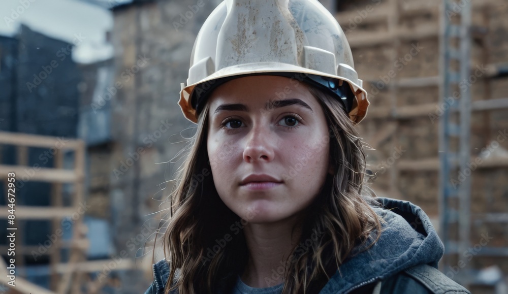 Close-up portrait of a woman wearing a helmet on a construction site Close-up portrait of a woman wearing a helmet on a construction site