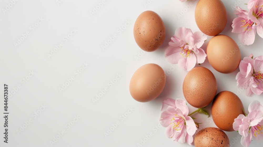 Brown organic eggs adorned with pink flowers Food presentation on a white background Mockups for styling Design arrangement Brown organic eggs adorned with pink flowers Food presentation on a white background Mockups for styling Design arrangement