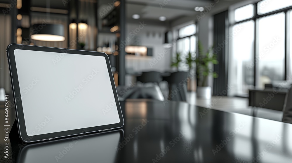 Minimalist tablet mockup on a sleek black table, with a modern office background and lots of space for text