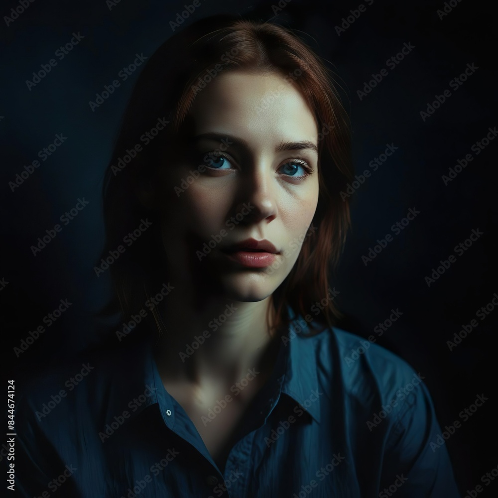 Dark dramatic photo of a young woman with film look, blue mahogany hues, cinematic style, dramatic contrast, moody atmosphere, intricate details, deep shadows. Dark dramatic photo of a young woman with film look, blue mahogany hues, cinematic style, dramatic contrast, moody atmosphere, intricate details, deep shadows.