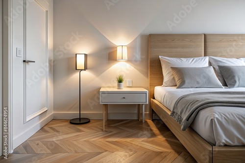 Cozy bedroom with a neatly made bed and lamps.