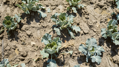 Drought vegetable dry field land cabbage leaf green cole crop white, drying up the soil cracked, climate change, farmi farming, environmental disaster and earth cracks, death for plants Europe
 photo