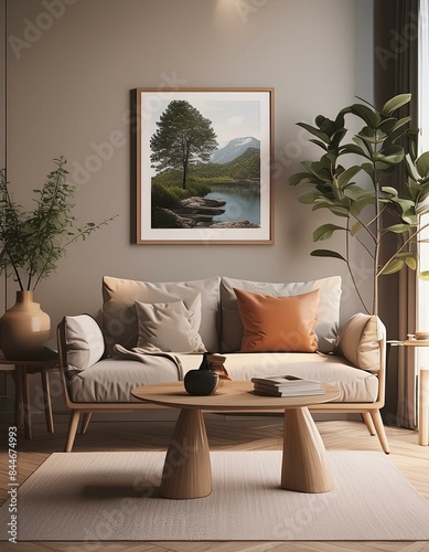 Modern contemporary home space / living room, clean warm cozy minimalist interior 3d rendering