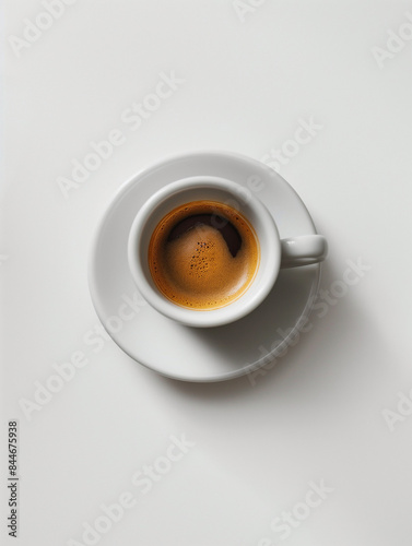 Photo of espresso in white cup on white background, minimalism
