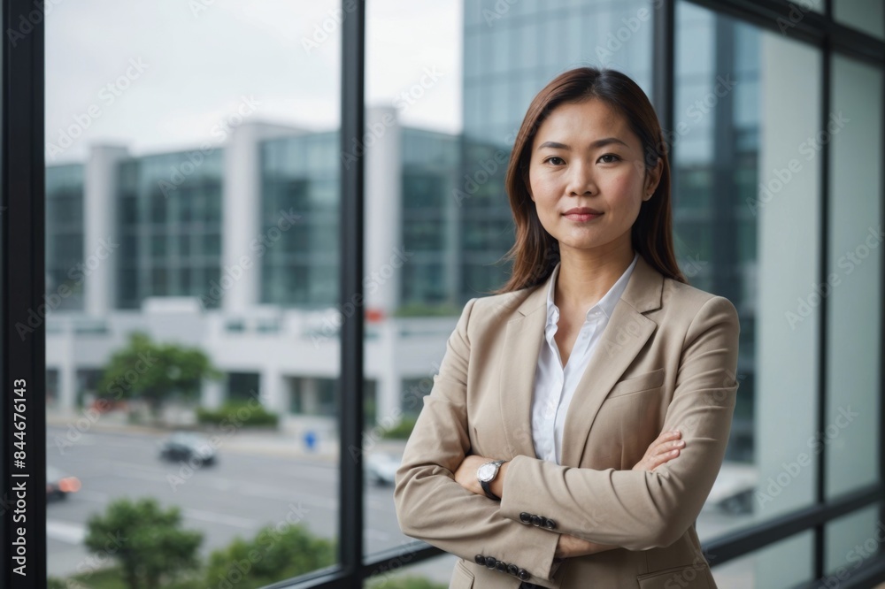 Portrait of confident asian Businesswoman with arms crossed standing against window outside office Portrait of confident asian Businesswoman with arms crossed standing against window outside office