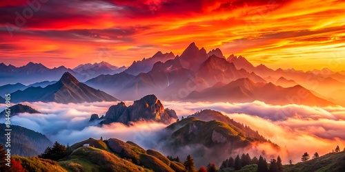 The Mountain Is Shrouded In Clouds And The Sky Is Ablaze With Color.