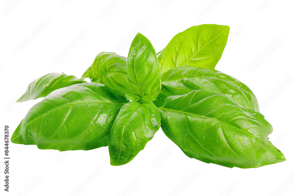 Obraz premium Fresh green basil leaves isolated on white background, perfect for culinary and health-related stock photos.