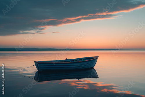 solitary boat on a calm empty lake at sunset an ultra realistic scene