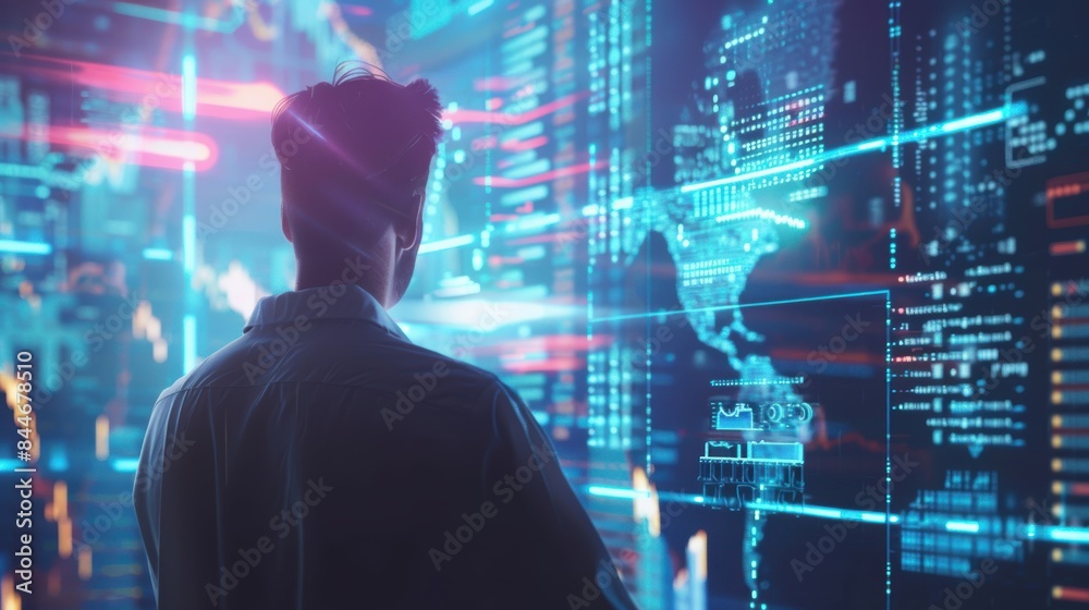 Financial expert reviewing economic data on a digital screen, with abstract overlays and blank space for further information Financial expert reviewing economic data on a digital screen, with abstract overlays and blank space for further information