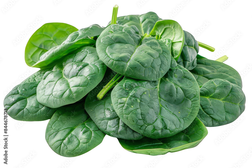 Obraz premium Fresh green spinach leaves piled on a white background, showcasing their vibrant color, texture, and nutritional value.