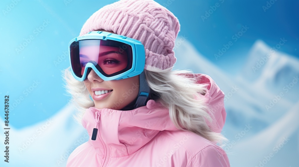 Stylish Woman in Pink Winter Gear Enjoying Snowy Mountain Scenery Stylish Woman in Pink Winter Gear Enjoying Snowy Mountain Scenery