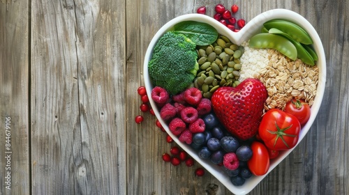 A vibrant photo showcasing a heart shaped bowl filled with nutritious diet foods photo