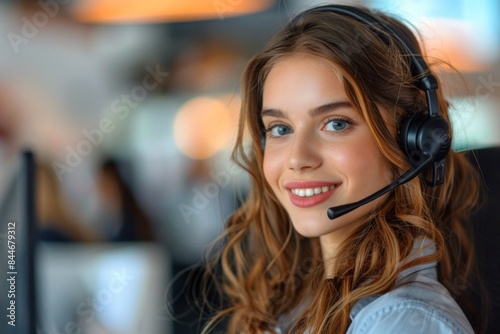 Helpful customer service representative in a modern office, ready to assist with a smile. She's professional and friendly in her headset