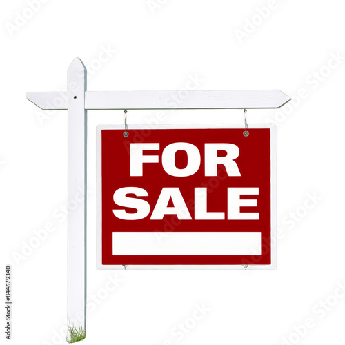 Red and white 'For Sale' sign on a white post indicating property is available for purchase or rent.