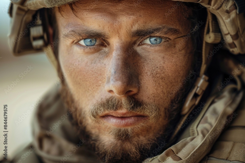 Soldier with helmet is looking at you with intense blue eyes Soldier with helmet is looking at you with intense blue eyes