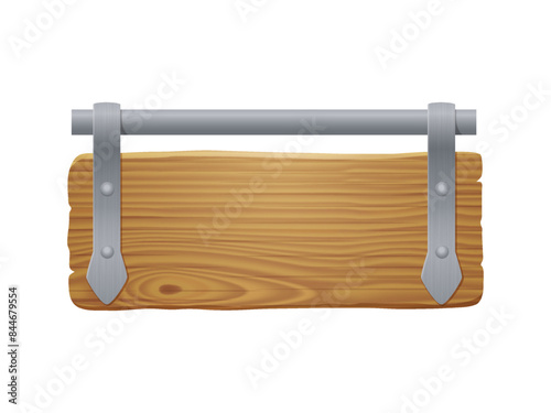 Wooden signboard with metal plates. 3d old sign board from brown wood with steel elements and nails. Retro hanging timber plank for bar or saloon isolated on white background, vector illustration