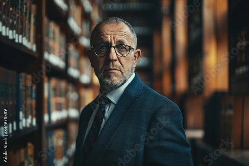 Elderly man with glasses, wearing a suit and tie, stands in a dimly lit library. Bookshelves filled with antique books create an intellectual and contemplative atmosphere around him