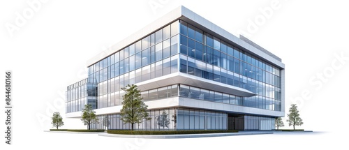 modern office building stands against a pristine white background, epitomizing sleek sophistication and professionalism