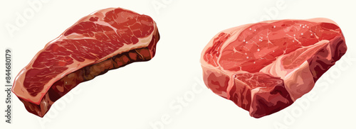 Flat modern illustration of raw beef steaks. Marble beef isolated over a white background.
