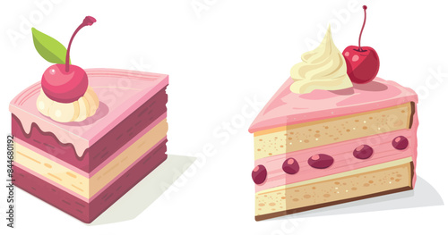 Dessert illustration of a slice of cake with a cherry on top. A slice of cake with pink topping and a cherry on top.