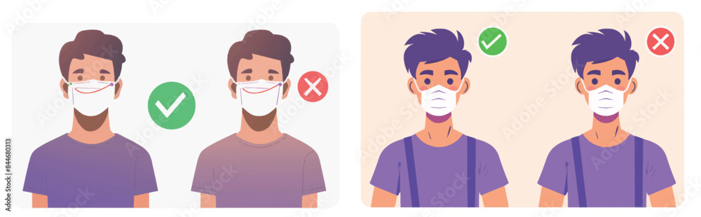 Poster with mask. No entry without face mask modern illustration. Man in purple shirt wearing a covid mask Poster with mask. No entry without face mask modern illustration. Man in purple shirt wearing a covid mask