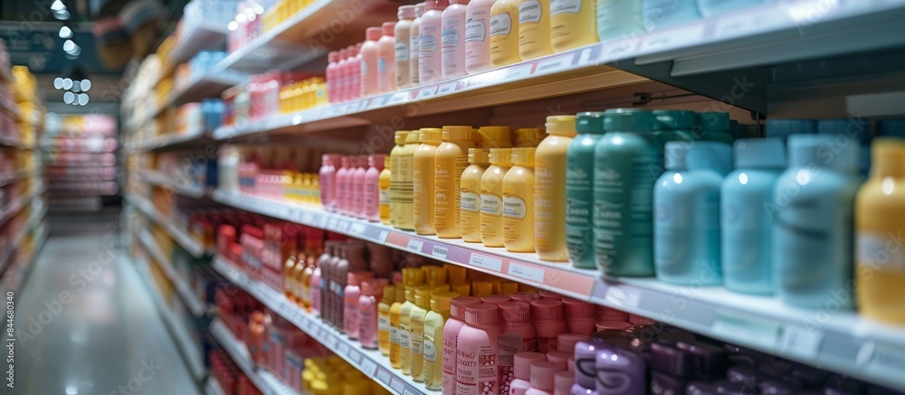 Brightly Lit Drugstore Aisle with Neatly Stocked White Shelves of Health and Wellness Products Brightly Lit Drugstore Aisle with Neatly Stocked White Shelves of Health and Wellness Products