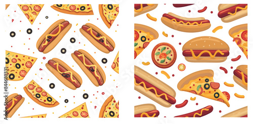 Burger, hot dog, pizza modern seamless pattern.