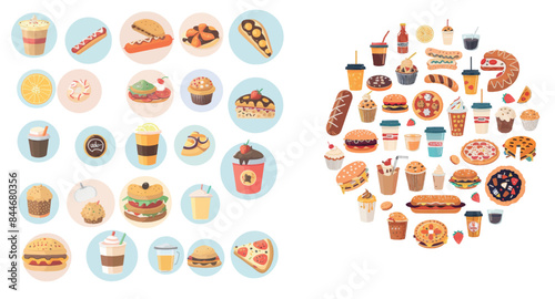 Food from fast food chain set within a circle. Junk food. Unhealthy food. Classic burger, fries, hot dog, pizza, burrito, shawarma, soda drink, cake, donut, cookie.