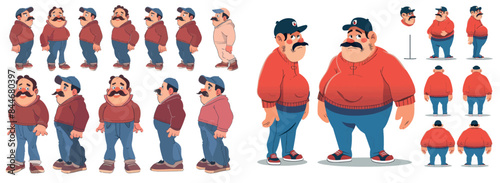 With one body and five facial expressions, a cartoon mustached Georgian caucasian male stands in a cap.