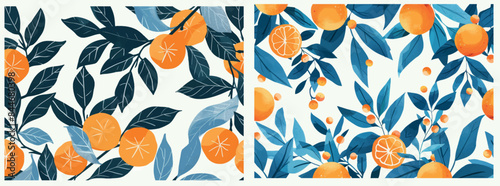 Modern illustration of an orange fruit on the branch with blue leaves. Isolated citrus fruits illustration.
