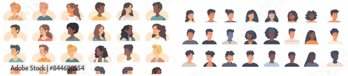 The head portraits set includes diverse faces of men and women of different races. Avatars of modern young people. Flat modern illustrations isolated on white.
