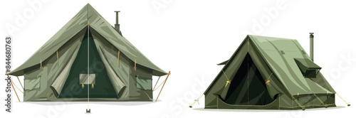 A modern illustration of a green camping tent and mattress. Isolated outdoor illustration. For hiking, hunting, and fishing.