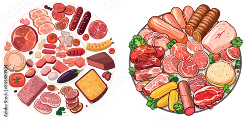 Illustration of various meat foods arranged in a circle. Meat, fish, fast food. Proteins.