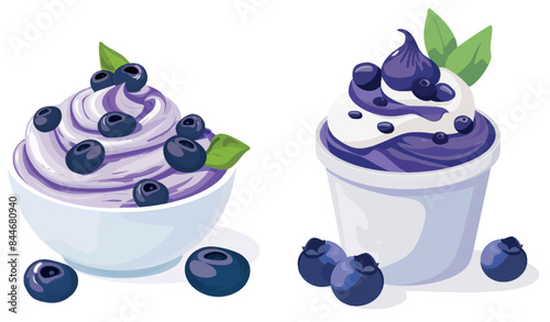 The blueberry blue cream is in a plate with a bow. Cartoon modern illustration of blueberry yogurt in a bow.