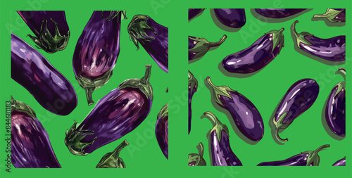 Modern seamless pattern with eggplant in cartoon flat style on green background. Vegetable texture wallpaper with eggplant and aubergine.