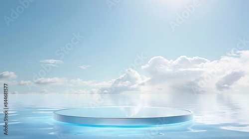 Abstract transparent round platform podium for cosmetic products. Glass circle presentation display stand on blue water and sky background. Front view