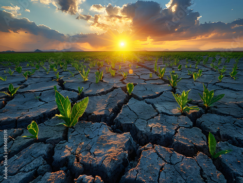 Einen Sonnenaufgang über einem Feld mit Feldfrüchten, wobei die Sonne ein goldenes Licht auf die Landschaft wirft.
