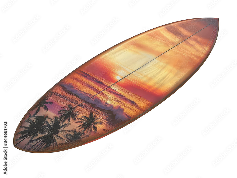 Colorful surfboard with a tropical palm tree beach scene painted on it, sunset background, isolated on white. Colorful surfboard with a tropical palm tree beach scene painted on it, sunset background, isolated on white.